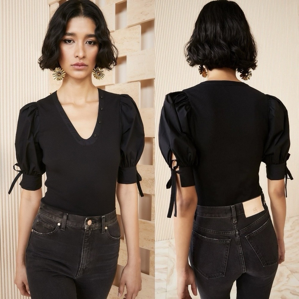 Ulla Johnson Pia Top Black Ribbed Poplin Puff Sleeve Capsule Minimalist Luxury L
